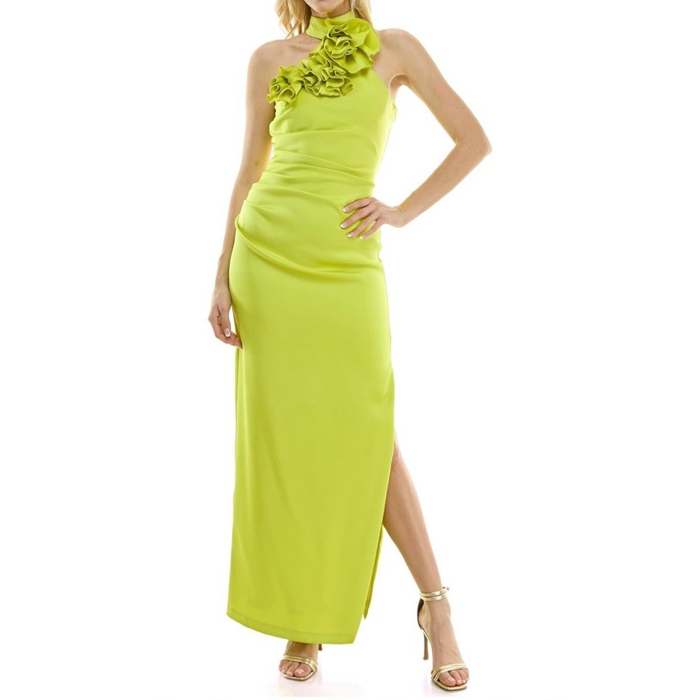 NWT Taylor Women's Sleeveless One Shoulder‎ Ruffle Neck Side Slit Gown - Size 16